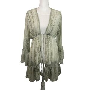 Blue Island | Olive Beige Animal Print Sheer Chiffon Tie Swim Cover Kimo…